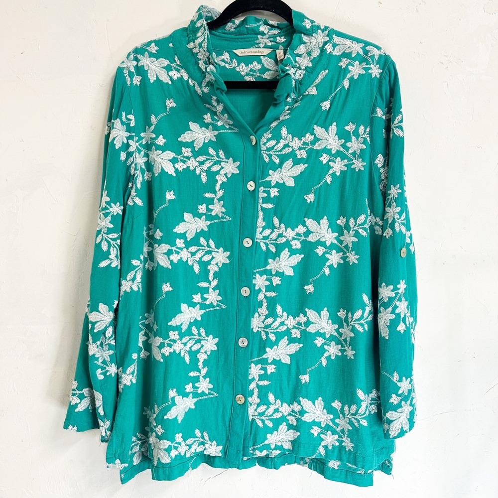 Soft Surroundings Floral Embroidered Isla Verde Linen Blend Shirt Teal Women XL